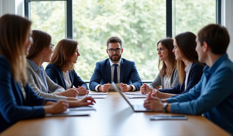 A diverse team of professionals collaborating in a modern conference room