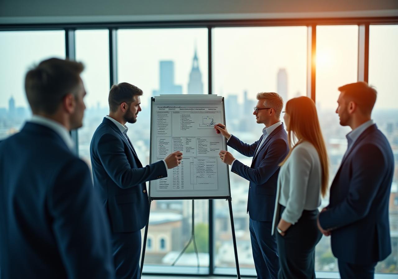 Team collaborating on high-level strategic planning in a bright London office